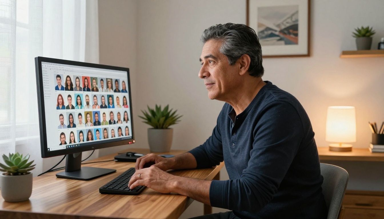 A man looking at a large monitor showing a grid of AI-generated images in a warm home office A man looking at a large monitor showing a grid of AI-generated images in a warm home office