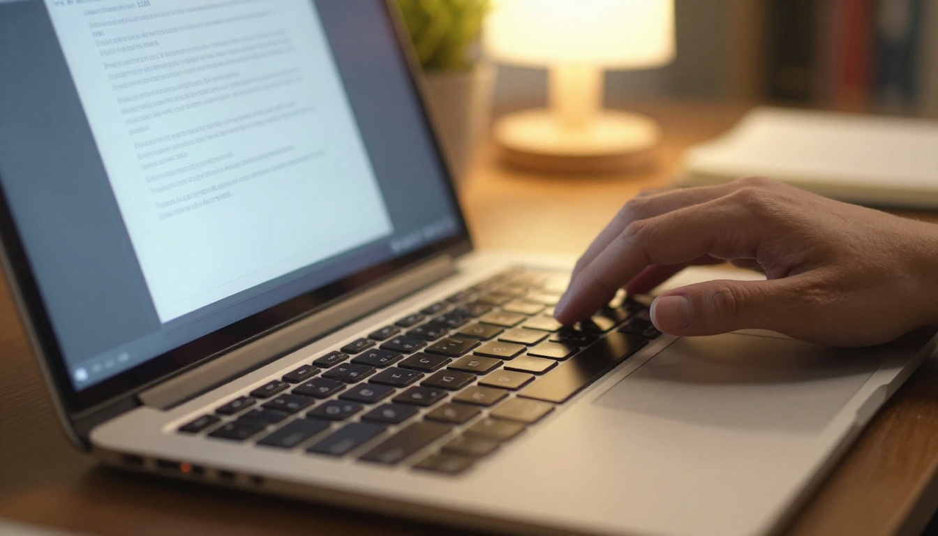 Close-up of hands typing a creative prompt on a laptop keyboard with warm tungsten lamp light