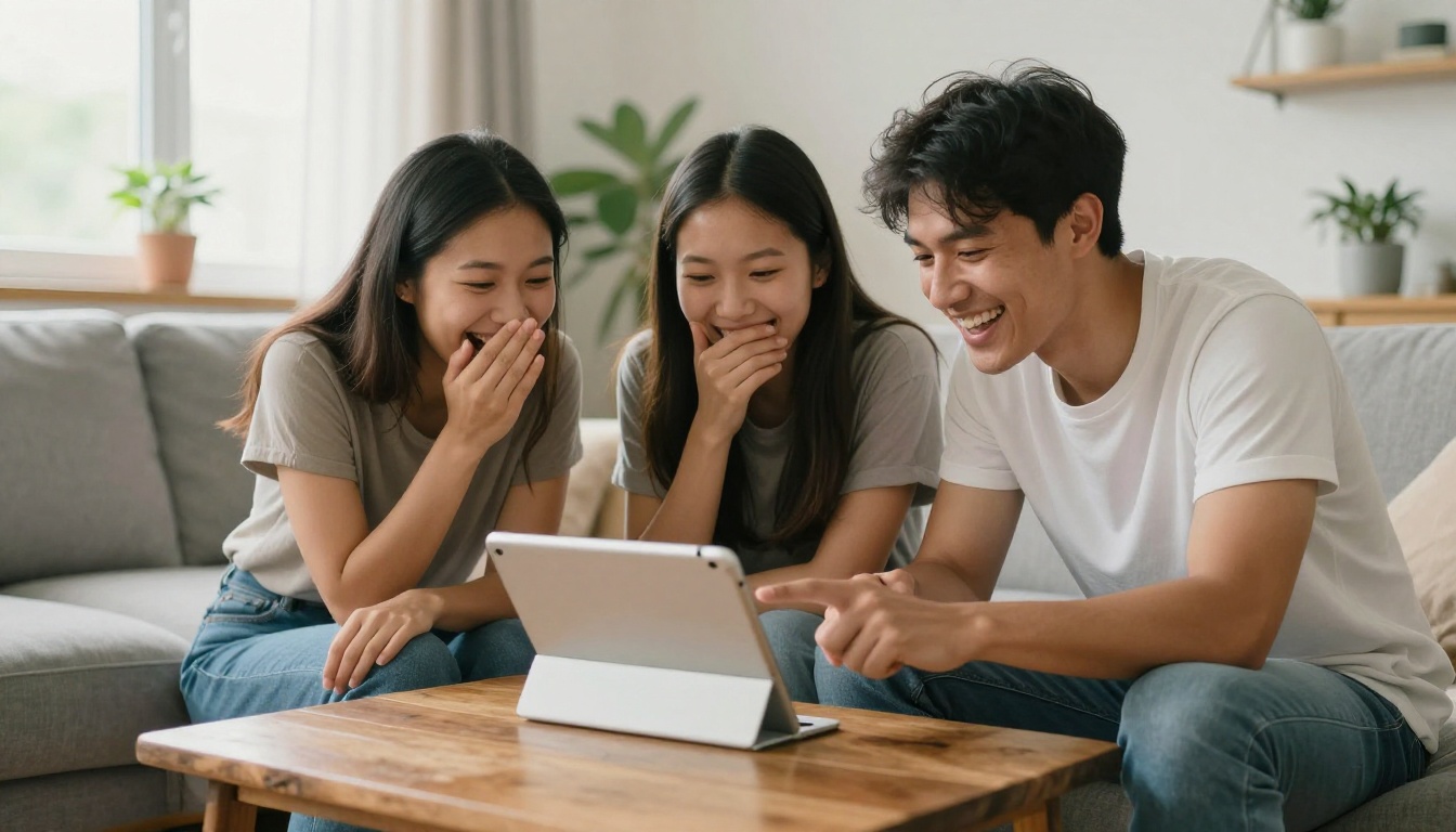 Three friends laughing together around a tablet in a bright living room Three friends laughing together around a tablet in a bright living room