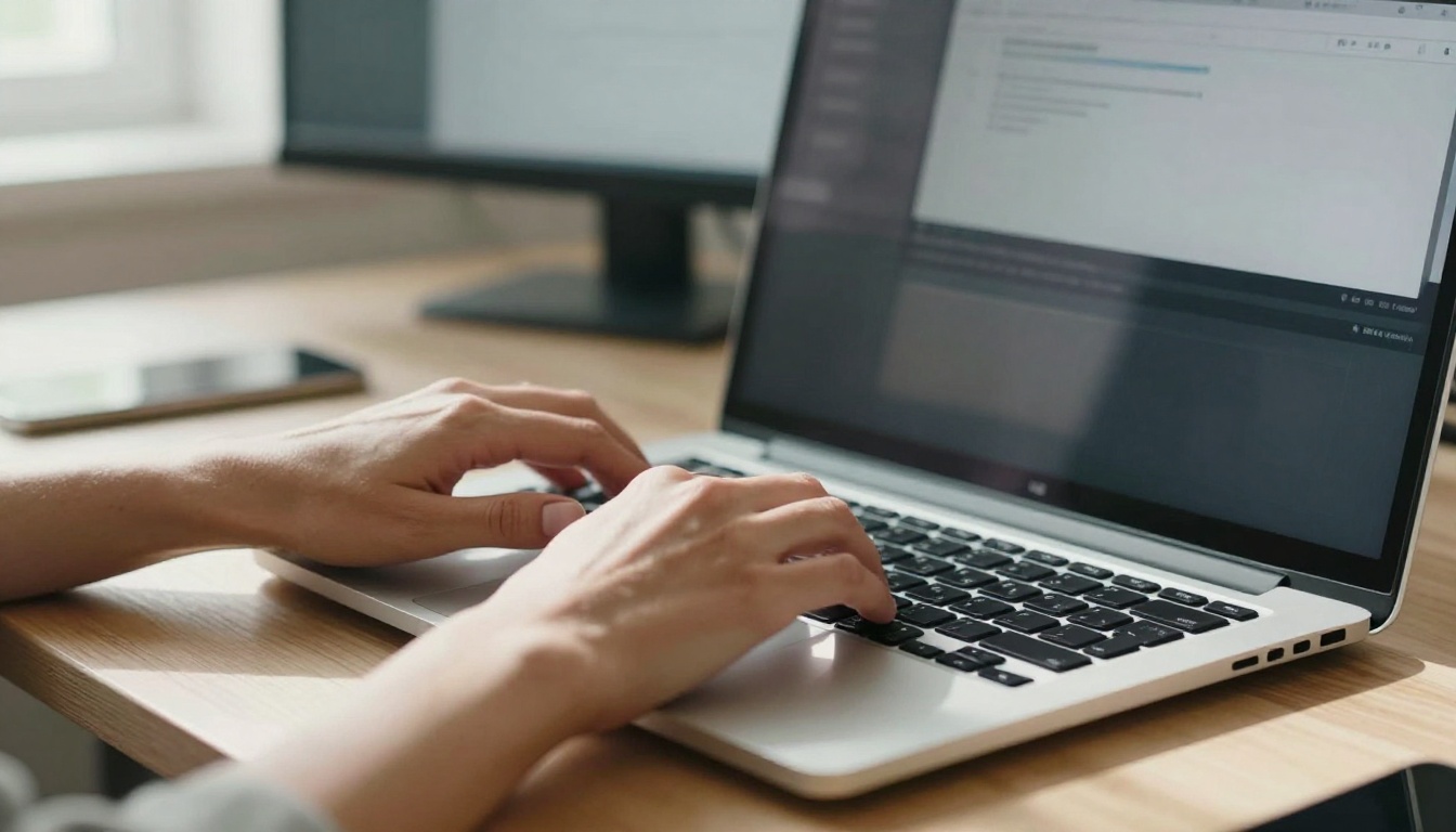 A woman typing on a laptop keyboard, shot from a low angle