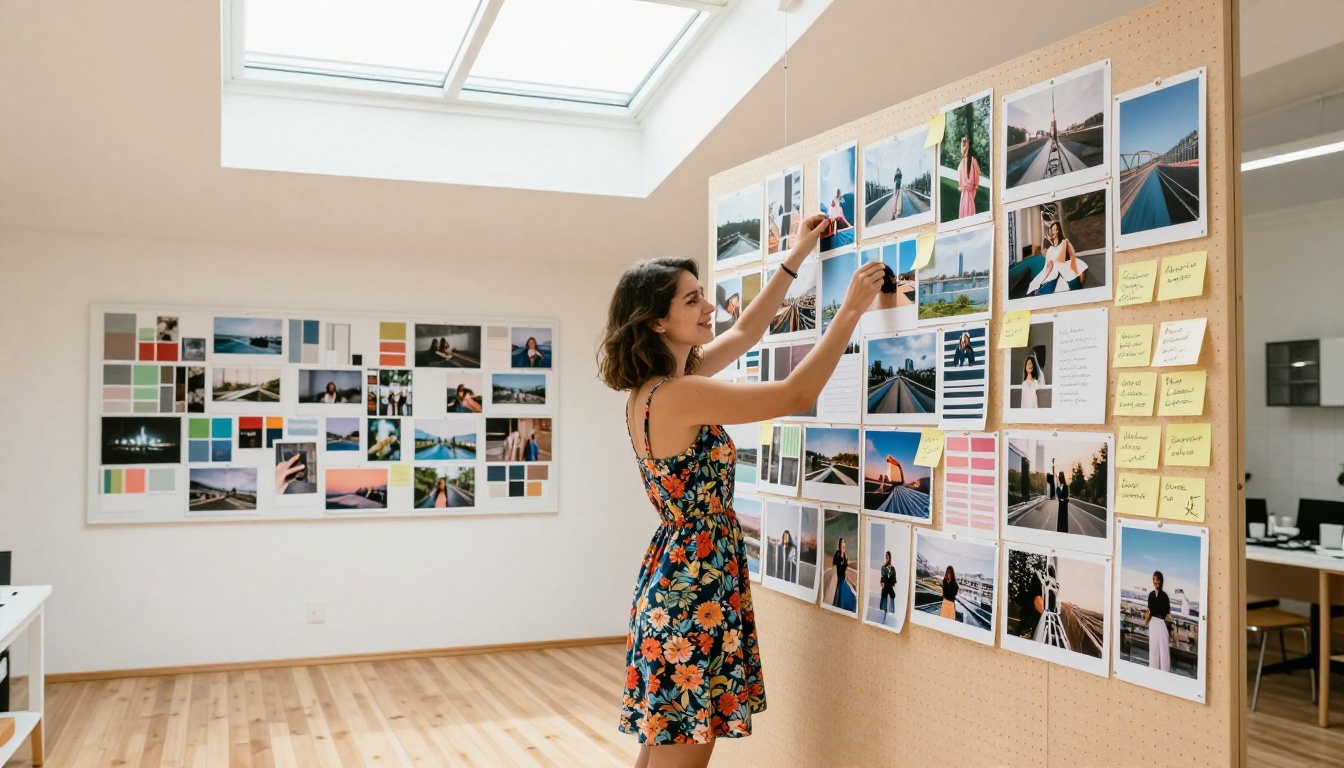 Creative woman pinning printed AI-generated photos to a pegboard wall in a bright photography studio