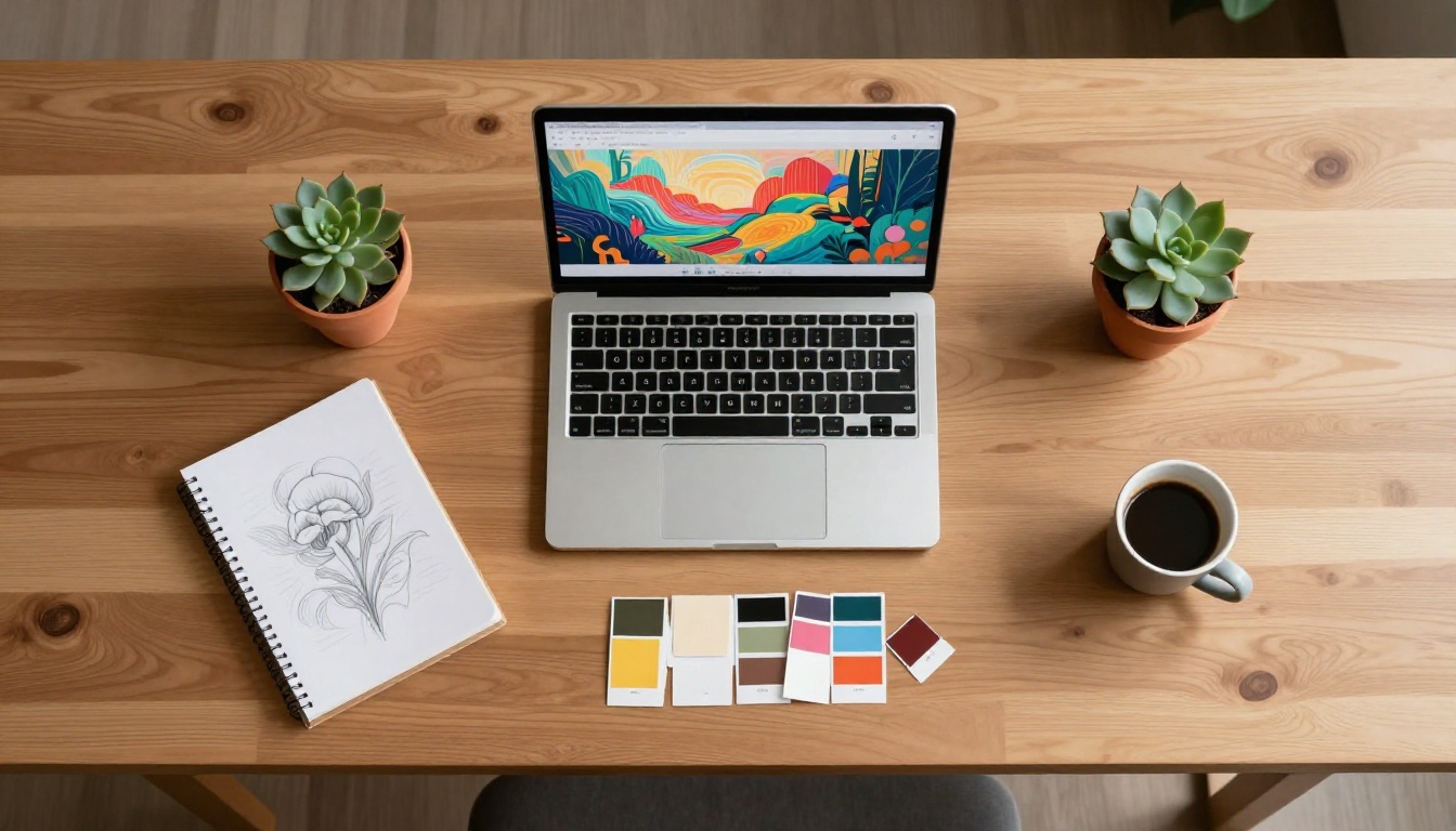 Aerial overhead shot of a minimalist wooden desk with a laptop showing colorful AI-generated artwork
