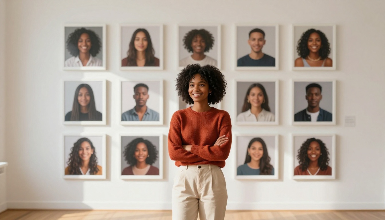 A young Black woman admiring a gallery wall of AI-generated prints in white frames A young Black woman admiring a gallery wall of AI-generated prints in white frames