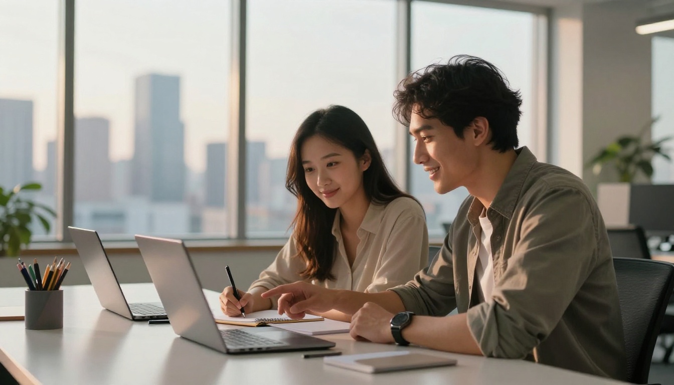 Two colleagues sitting side by side at a desk, both leaning toward a laptop with engaged smiling expressions