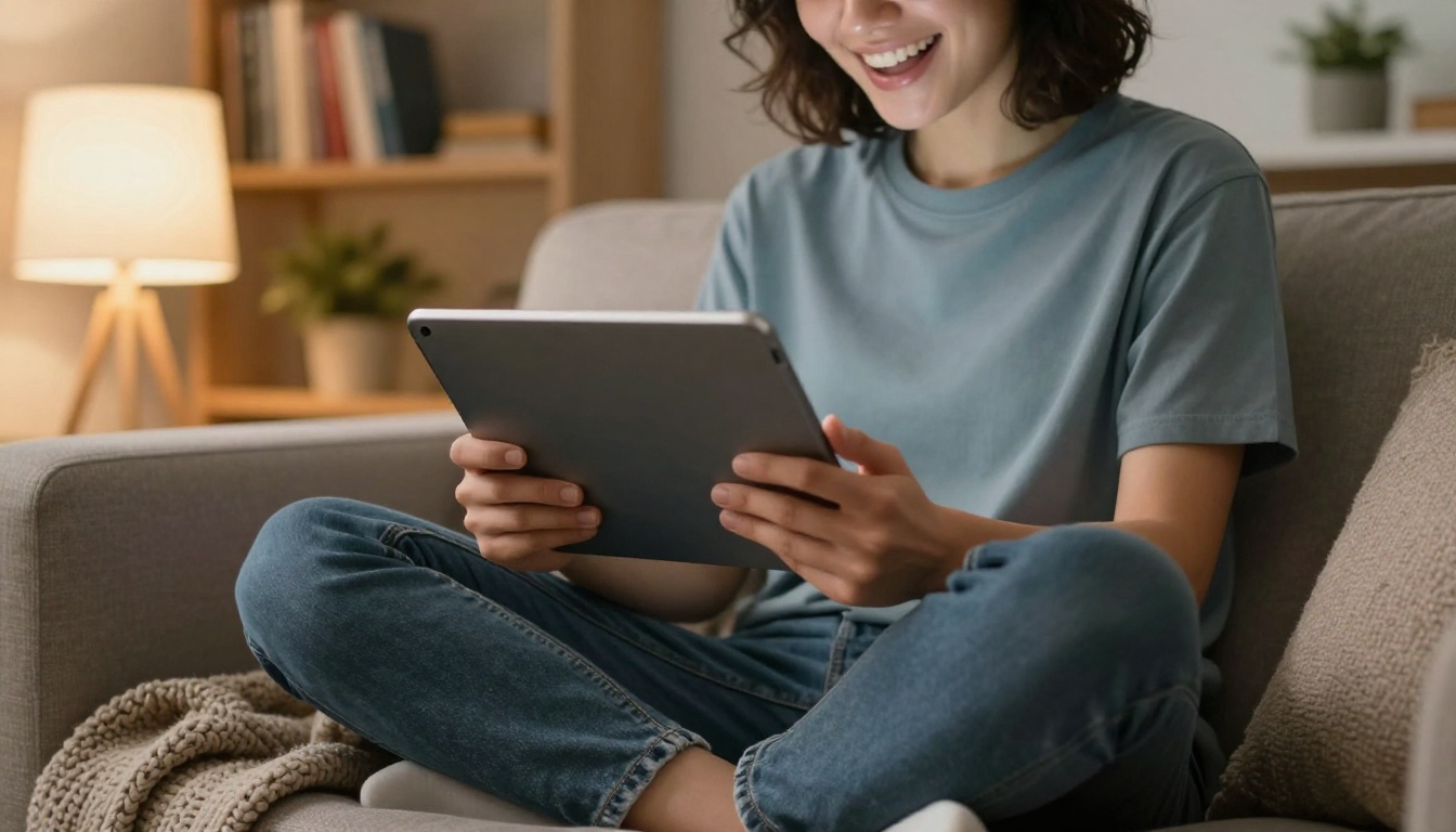 A person sitting cross-legged on a cozy couch, looking at a tablet screen with a wide delighted smile
