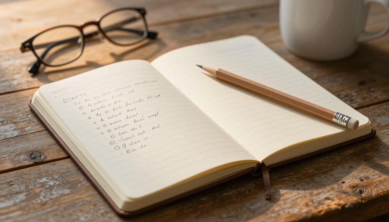 An open notebook filled with handwritten prompt ideas on a warm wooden desk