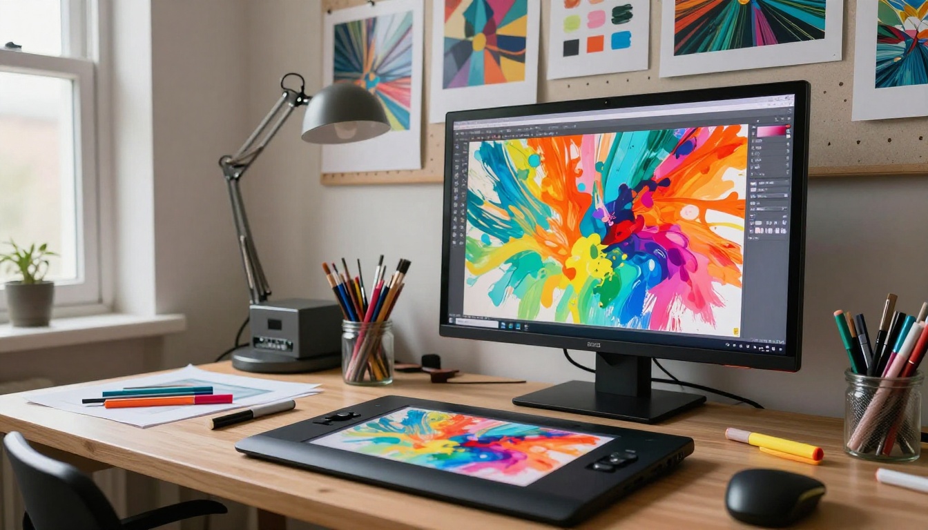 A creative studio workspace with a large monitor displaying vibrant colorful artwork, art prints on a pegboard wall