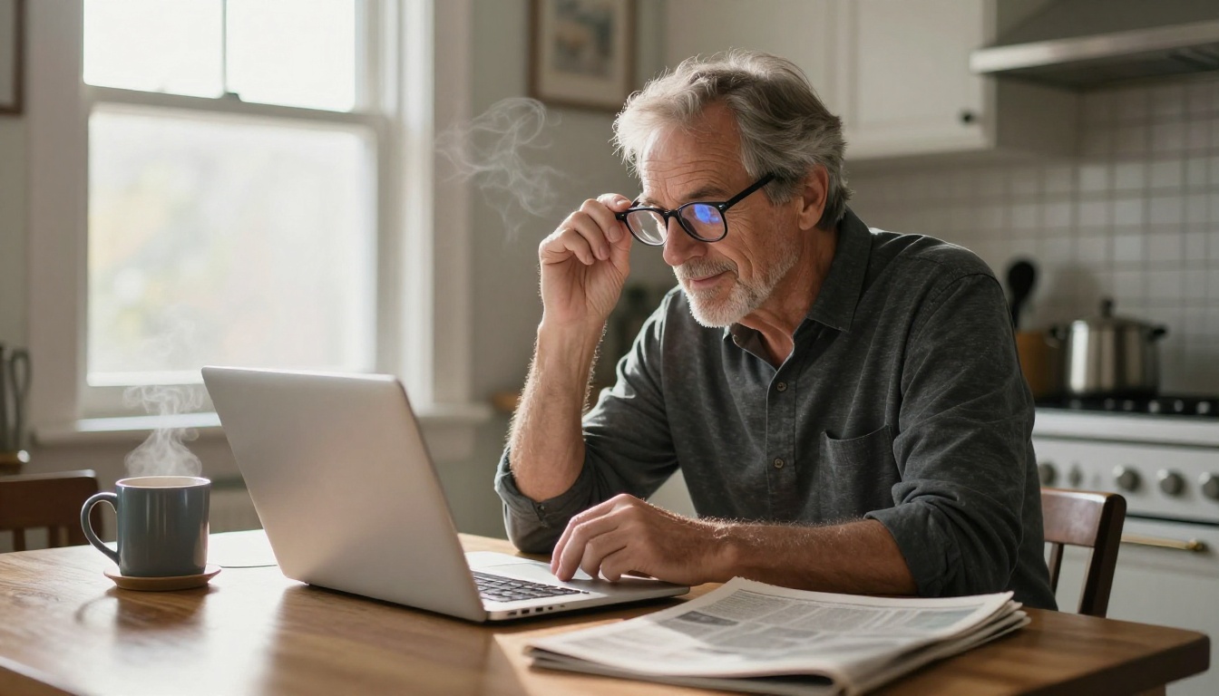 An older man at a kitchen table with a laptop, wearing reading glasses, looking at the screen with calm curiosity