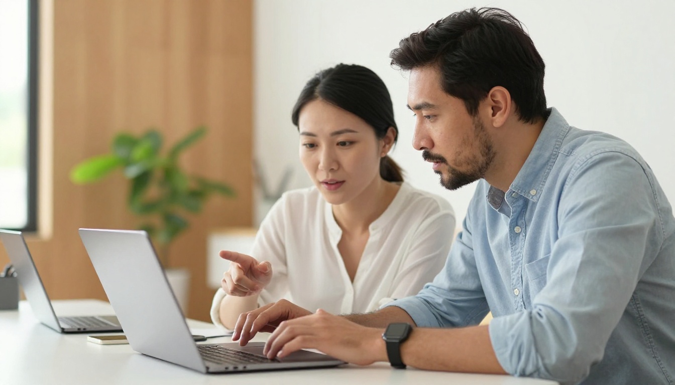 Two people collaborating at a laptop in a bright modern co-working space