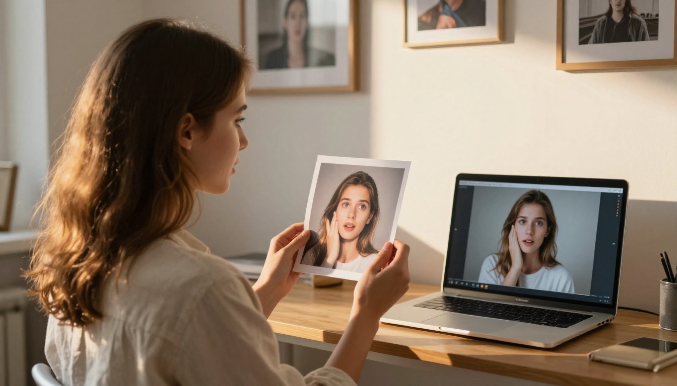 A young woman standing in a bright room, holding a printed photograph and comparing it to a version on her laptop screen