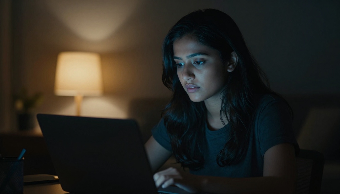 A South Asian woman focused on her laptop screen with soft cinematic screen glow