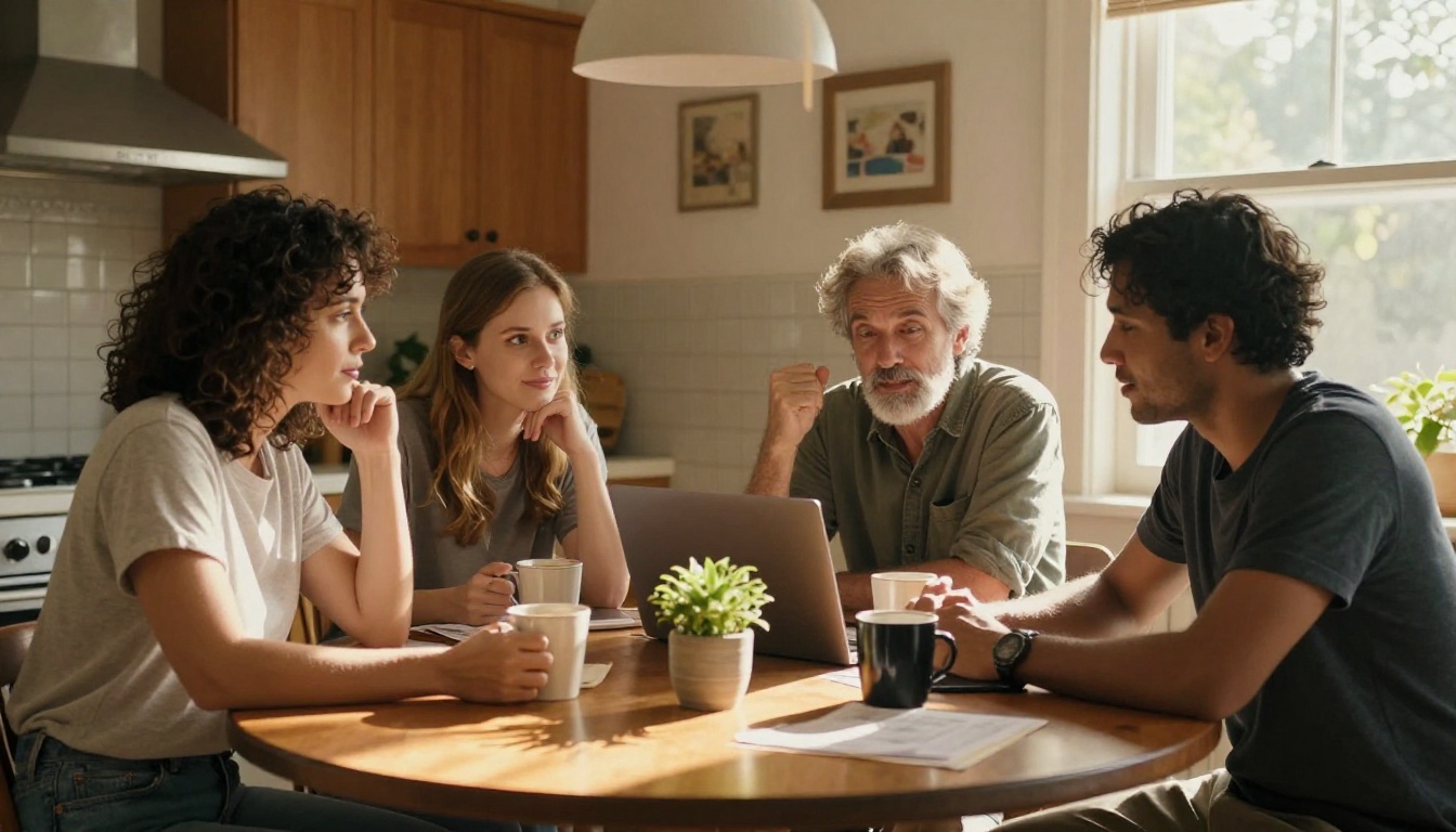 A diverse group of four adults sitting around a kitchen table sharing a laptop together