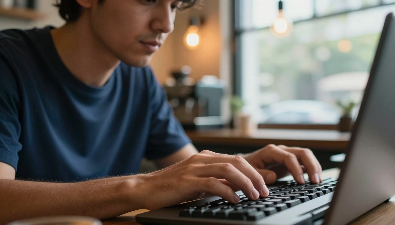 A focused man typing at his keyboard in a coffee shop, Kodak Portra film grain