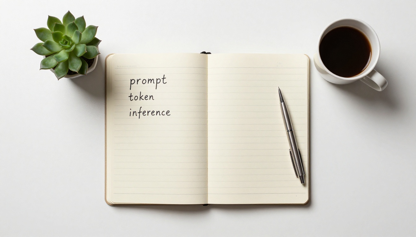 Aerial flat lay of a notebook with AI vocabulary words handwritten on lined paper, white desk, morning light