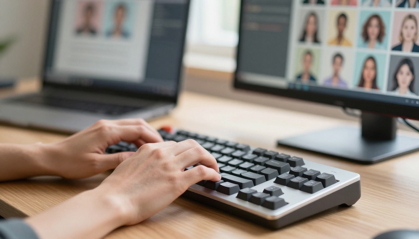 A person typing an AI image prompt on a mechanical keyboard, soft diffused natural light, monitor displaying generated results in the background A person typing an AI image prompt on a mechanical keyboard, soft diffused natural light, monitor displaying generated results in the background
