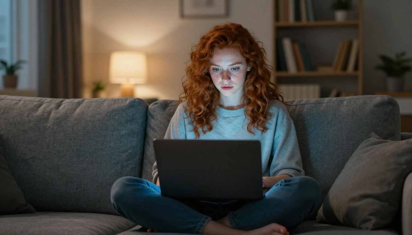 A young woman with curly red hair looking at her laptop on a grey sofa, evening ambient light