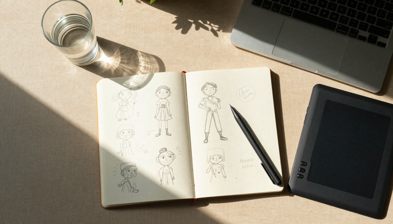 An overhead flat-lay of a creative workspace with an open sketchbook, drawing tablet, stylus, and a glass of water on a linen-textured desk surface An overhead flat-lay of a creative workspace with an open sketchbook, drawing tablet, stylus, and a glass of water on a linen-textured desk surface
