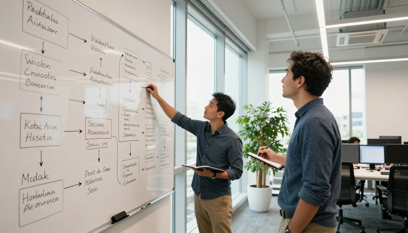 Two colleagues standing at a whiteboard covered in AI vocabulary diagrams, natural daylight, low-angle shot