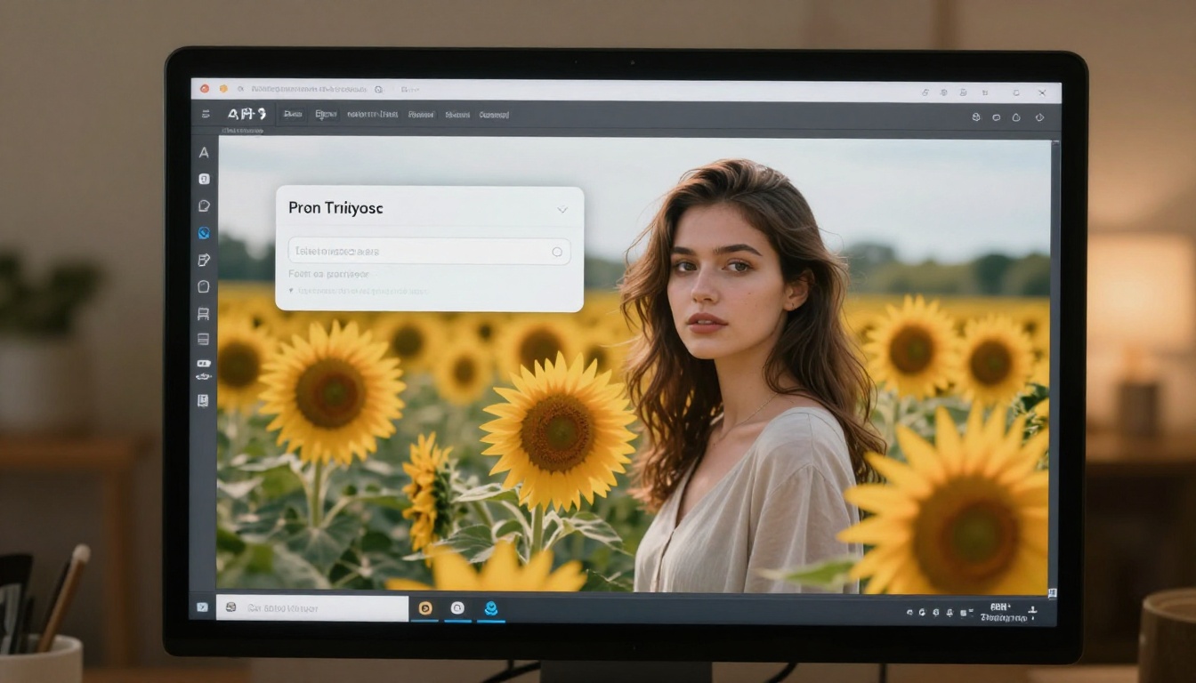 A computer monitor showing an AI image generation platform interface with a completed prompt and a beautiful generated portrait A computer monitor showing an AI image generation platform interface with a completed prompt and a beautiful generated portrait