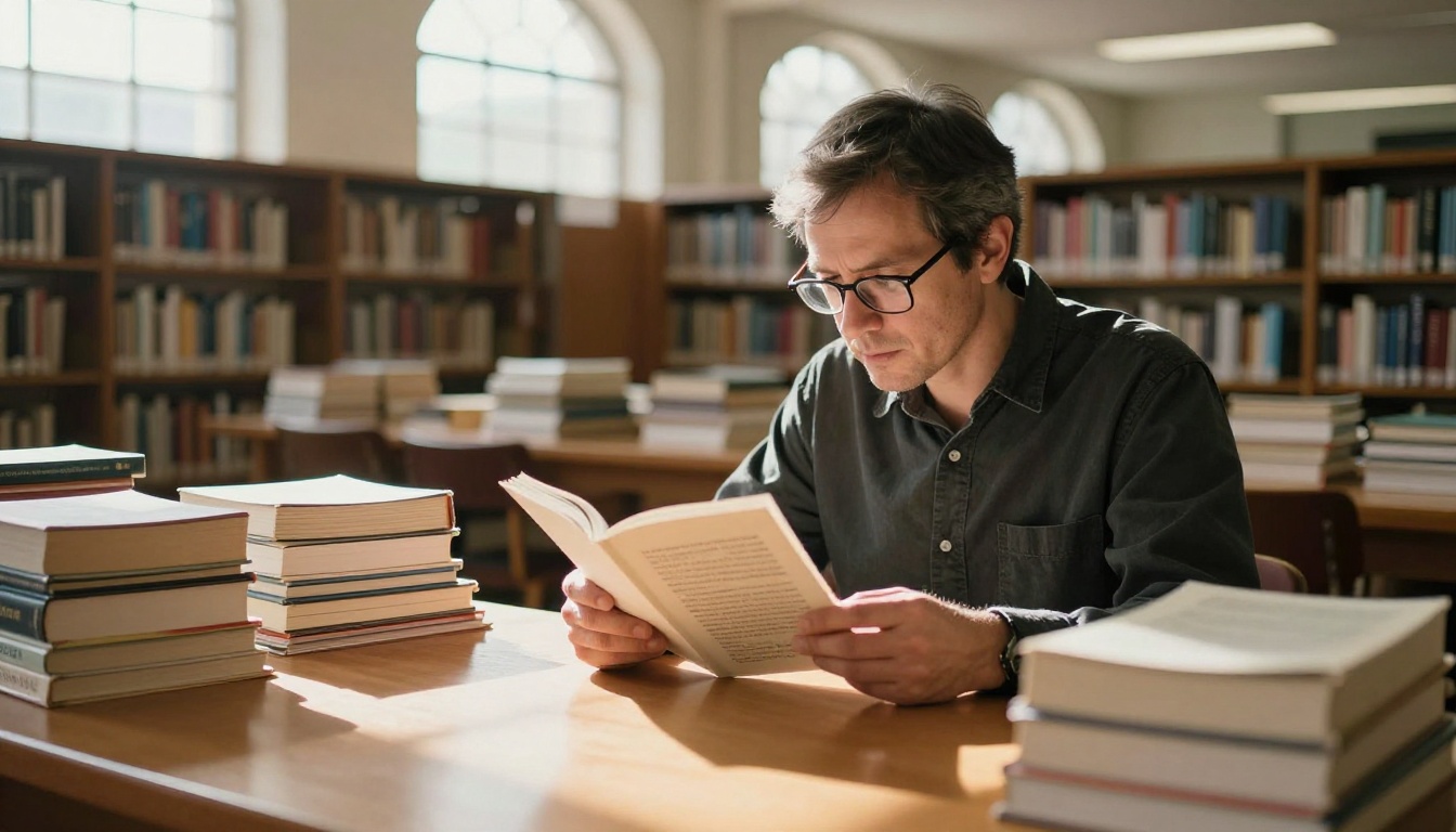 A man in his 40s with glasses reading in a bright university library, afternoon sunlight through arched windows, 85mm lens A man in his 40s with glasses reading in a bright university library, afternoon sunlight through arched windows, 85mm lens