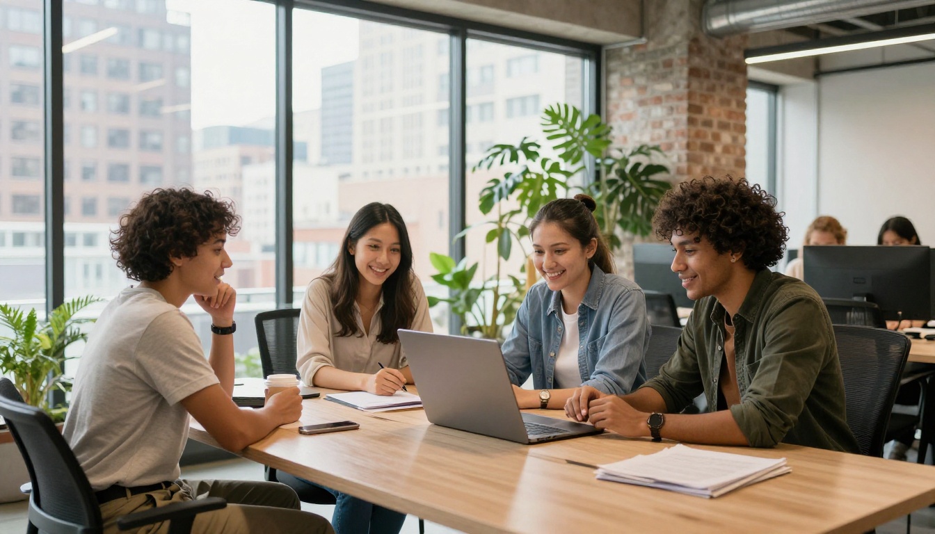 A diverse group of four young professionals gathered around a large monitor in a startup office, natural daylight, city view A diverse group of four young professionals gathered around a large monitor in a startup office, natural daylight, city view