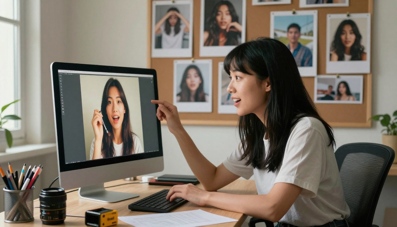 A woman with straight black hair looking with delight at AI-generated images on her desktop computer, home studio, window light A woman with straight black hair looking with delight at AI-generated images on her desktop computer, home studio, window light