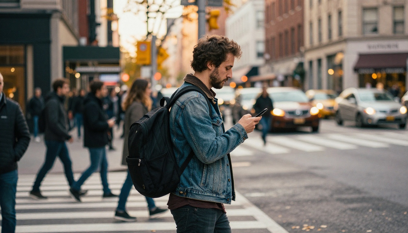 A man in a denim jacket walking through a busy city street checking his phone, autumn afternoon light, 50mm lens A man in a denim jacket walking through a busy city street checking his phone, autumn afternoon light, 50mm lens