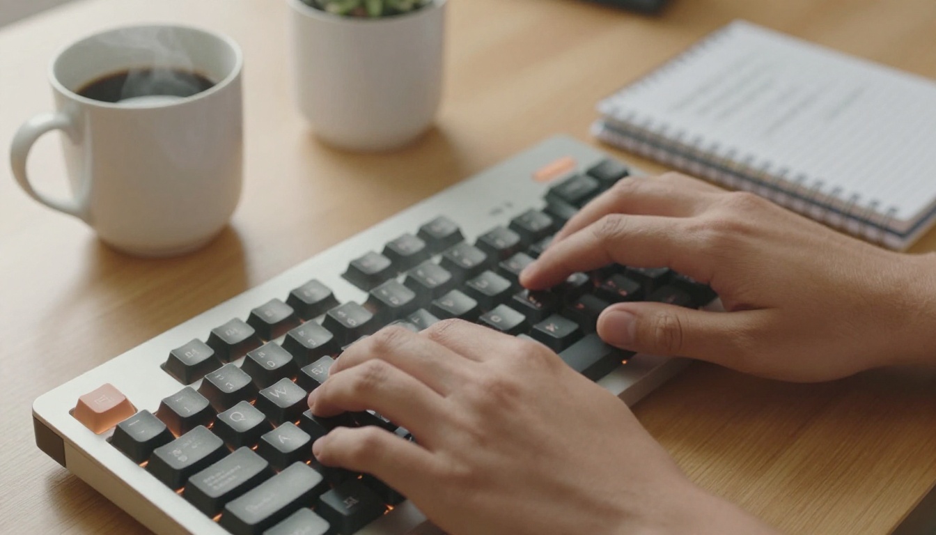 Hands typing on a keyboard at a wooden desk with notes nearby
