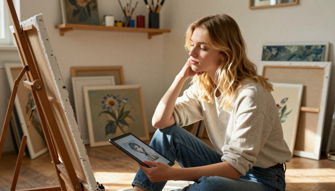 A woman with blonde hair in a sunlit art studio looking at AI-generated artwork on a tablet, skylight natural rim lighting A woman with blonde hair in a sunlit art studio looking at AI-generated artwork on a tablet, skylight natural rim lighting