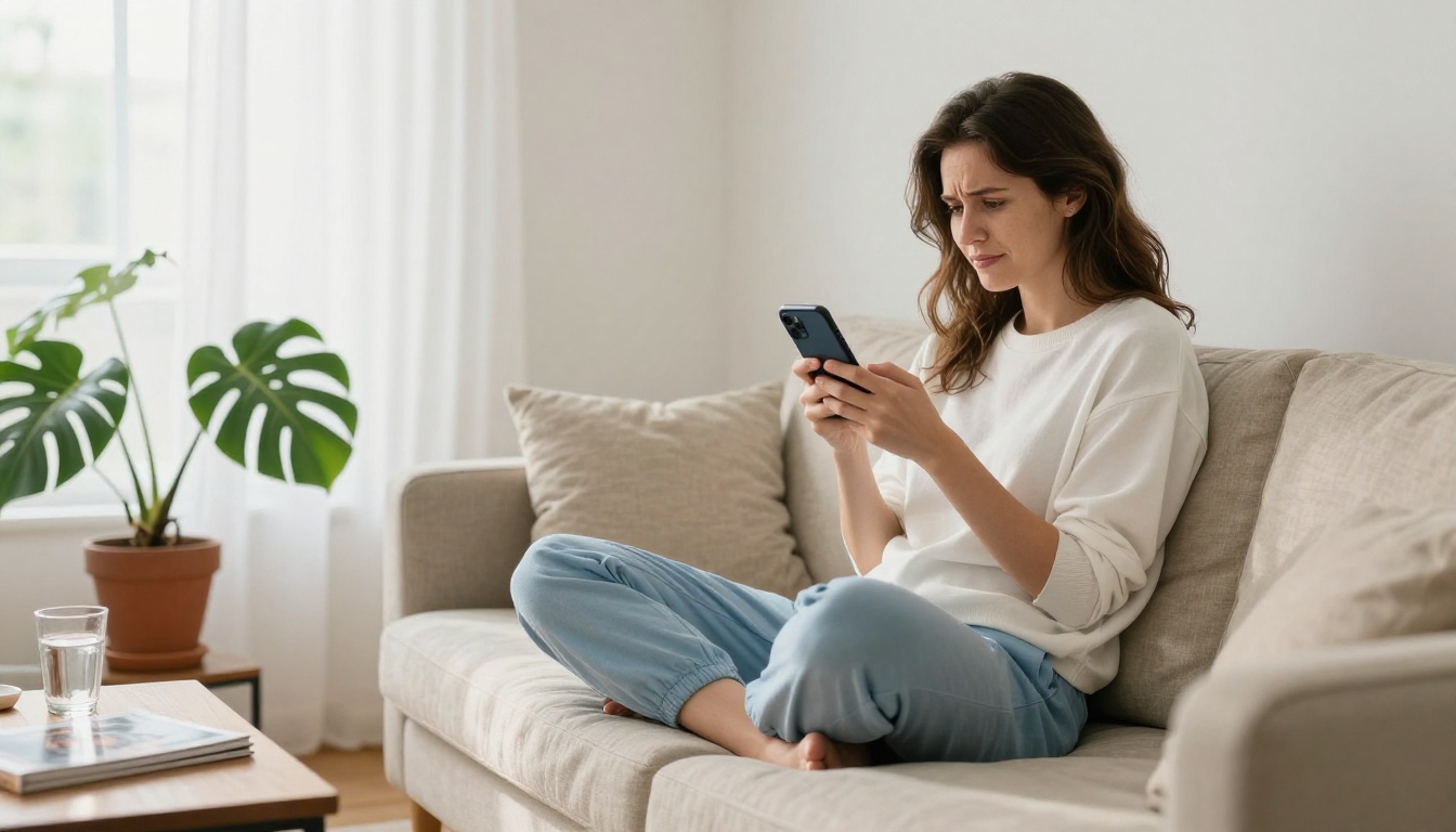 Woman sitting on sofa looking at phone with a thoughtful expression