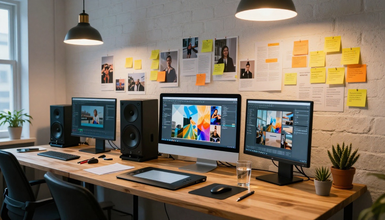 Creative workspace with wall covered in printed photos and sticky notes