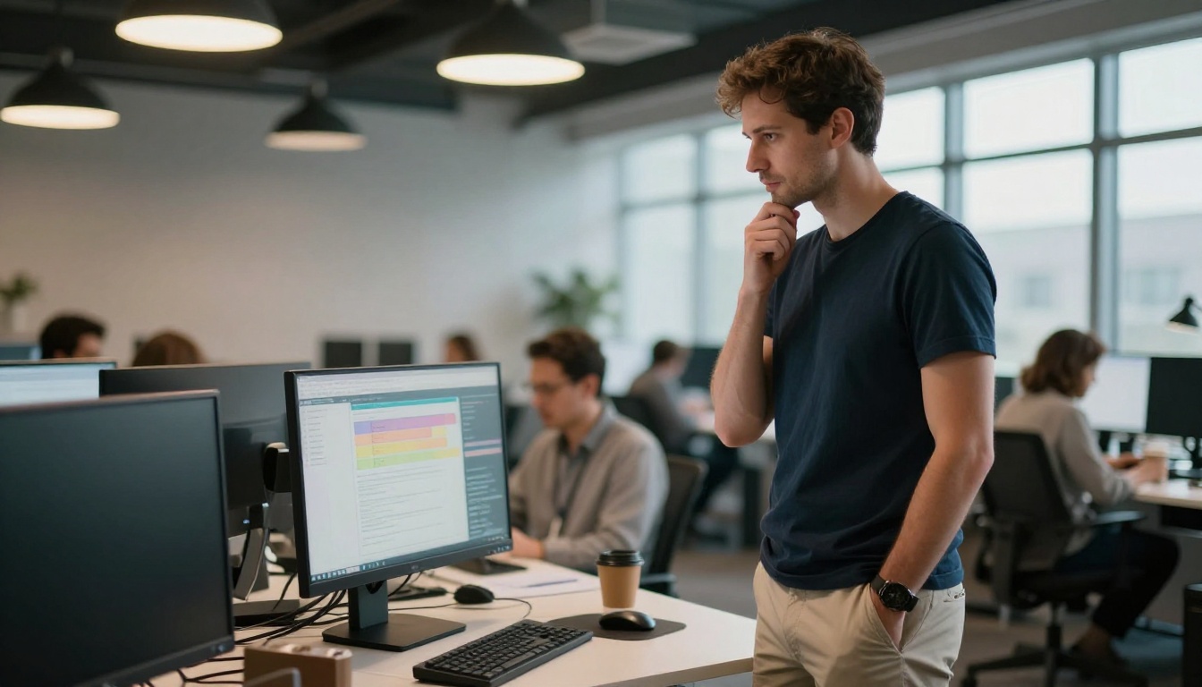 Man at a standing desk in an open-plan office analyzing results on a widescreen monitor