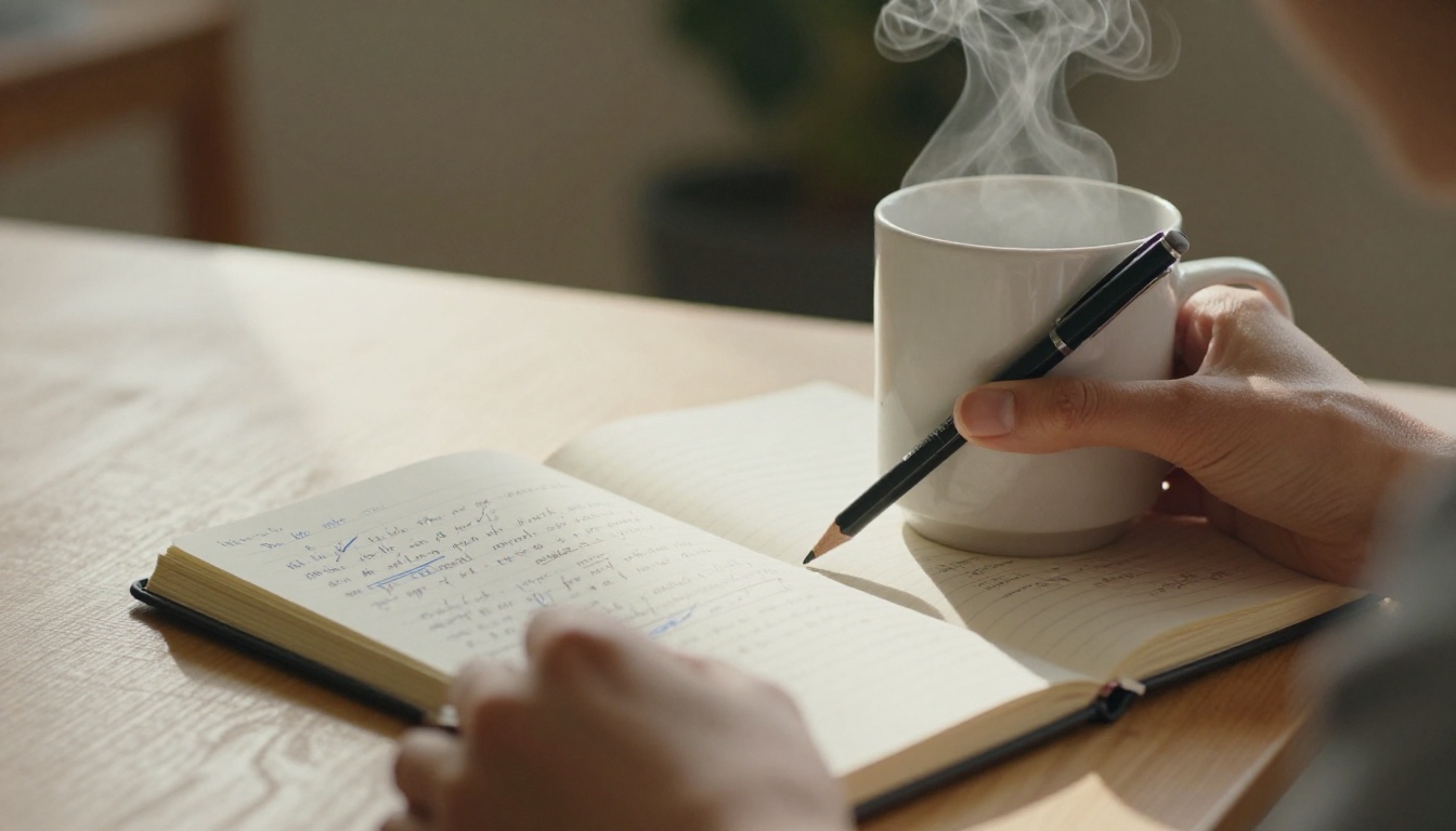 Close-up of hands holding a coffee mug over a notebook with handwritten notes