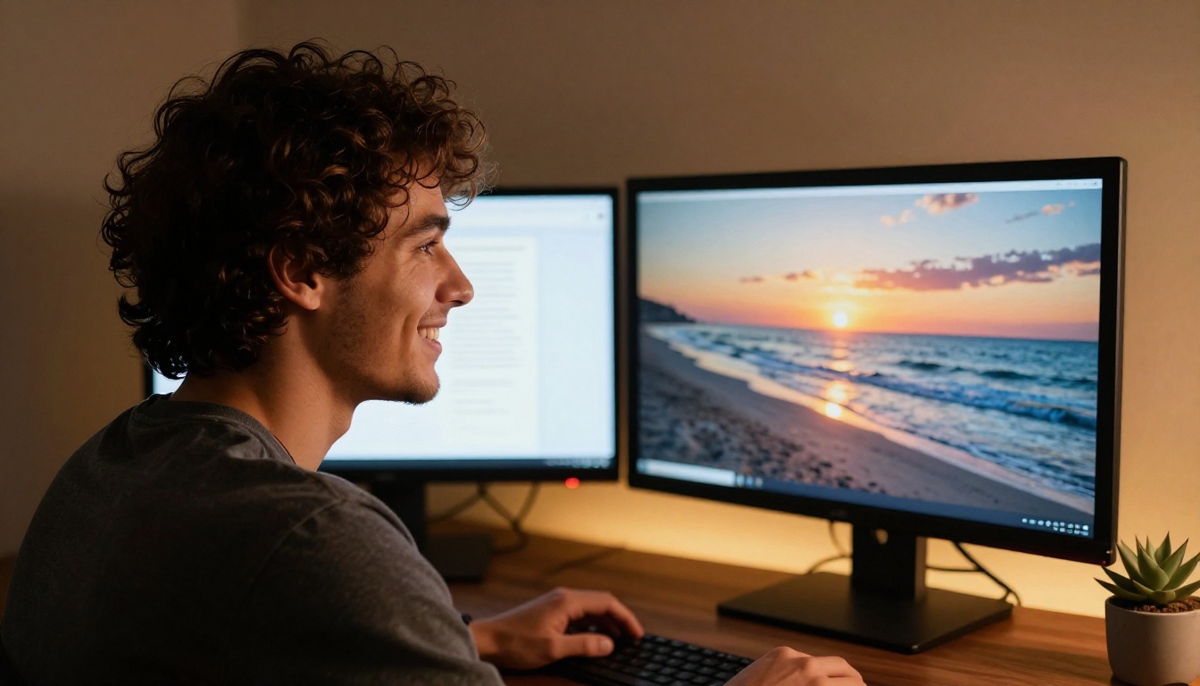 A young man smiling as he looks at dual monitors, one showing a text prompt input and the other a beautifully generated beach sunset photo
