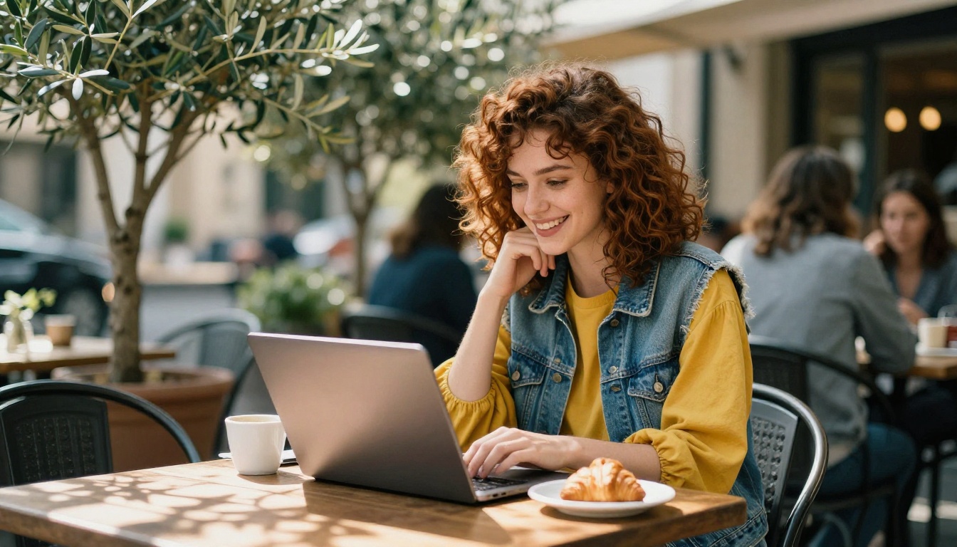 Woman at an outdoor cafe with a laptop, smiling at the screen