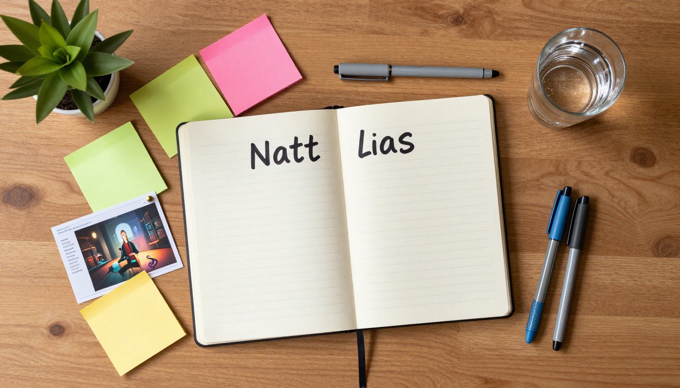 Flat lay overhead of a brainstorming desk with sticky notes, pens, and a notebook
