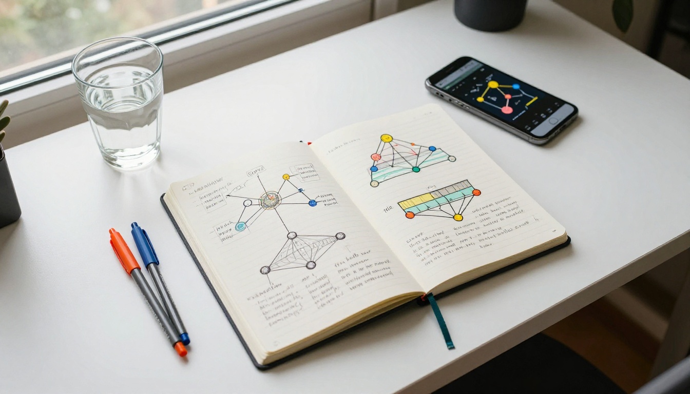 Aerial view of an open notebook with handwritten neural network diagrams and colored pens on a white desk
