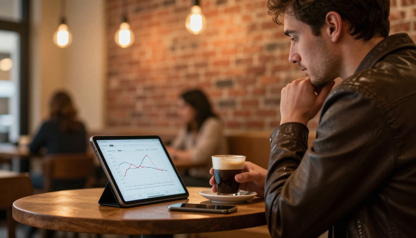 A man in a coffee shop studying a machine learning training graph on a tablet with an espresso beside him