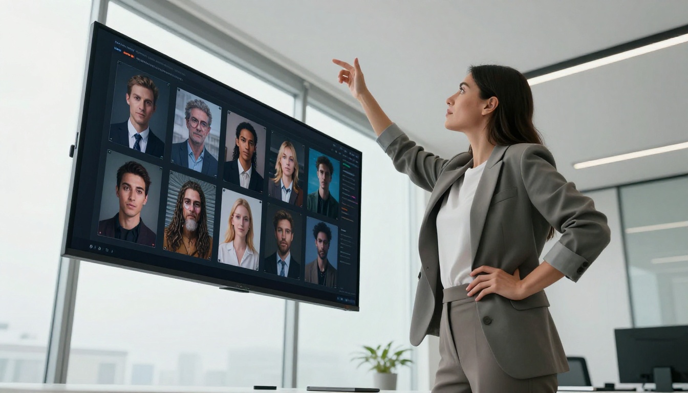 A woman standing at a tall desk in a modern minimalist office, gesturing toward a large wall monitor displaying a grid of AI-generated portrait photographs