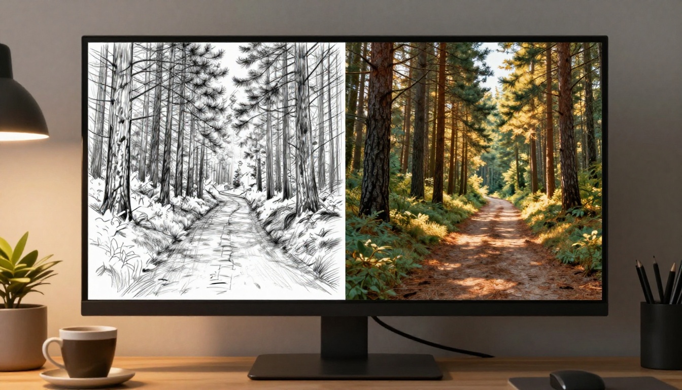 A monitor showing a split-screen comparison between a rough hand-drawn sketch and a photorealistic AI-generated forest path with golden sunlight