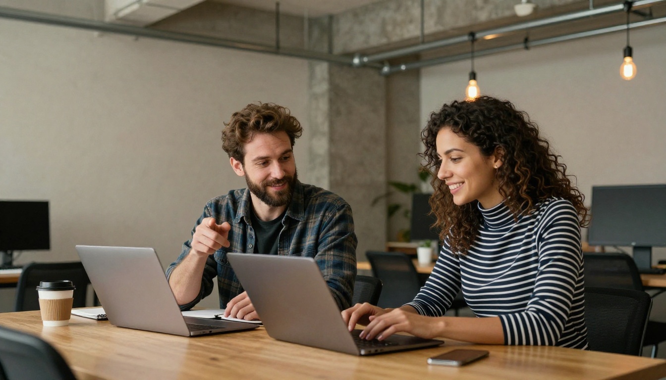 Two people collaborating side by side over a laptop in a creative studio
