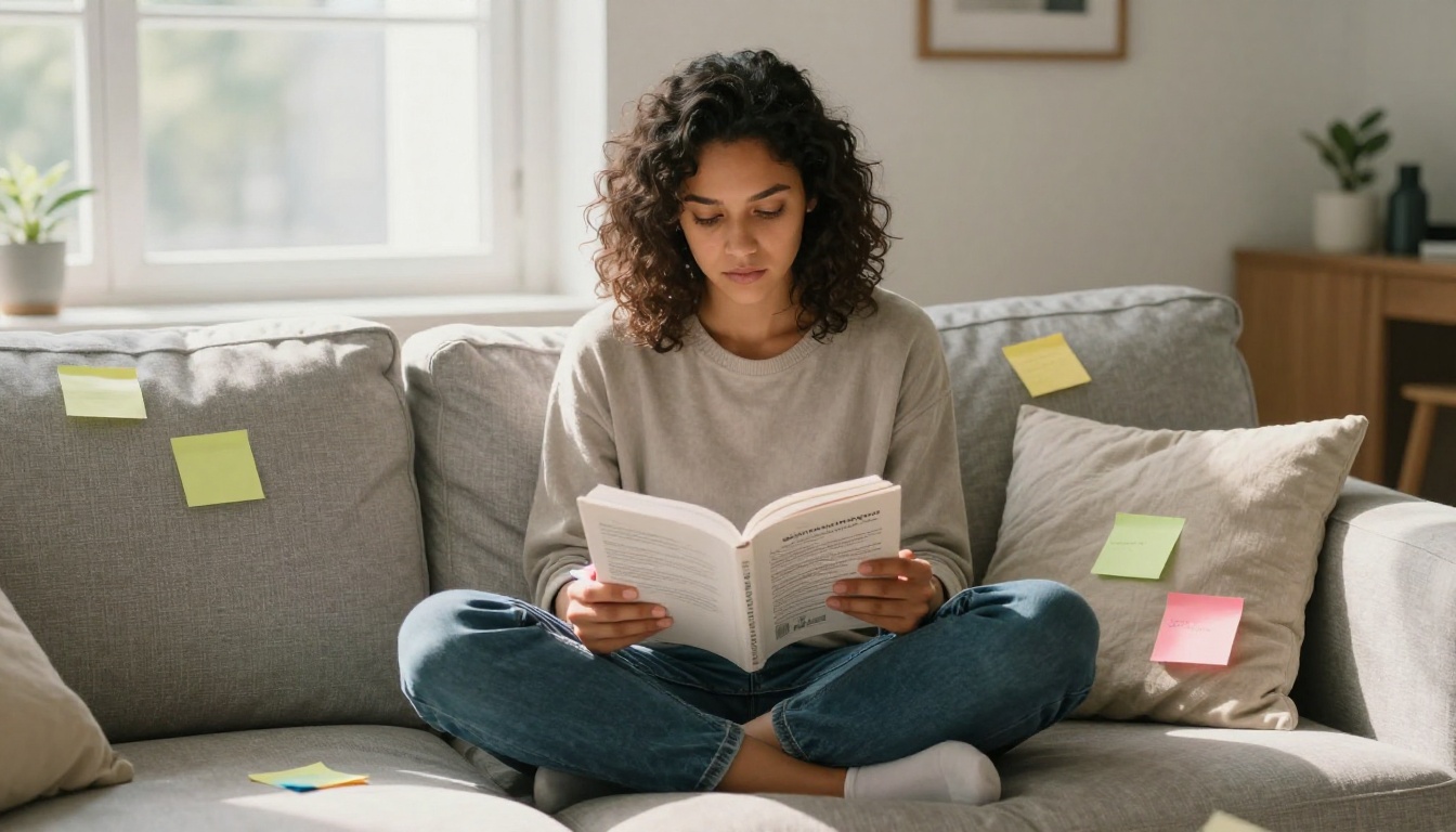 A focused young woman reading a data science textbook on a sofa surrounded by colorful sticky notes