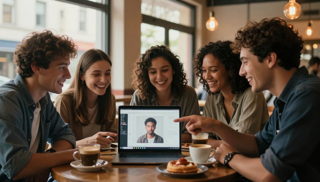 Three diverse young adults sitting around a laptop in a warmly lit cafe, all smiling and pointing at AI-generated artwork on the screen