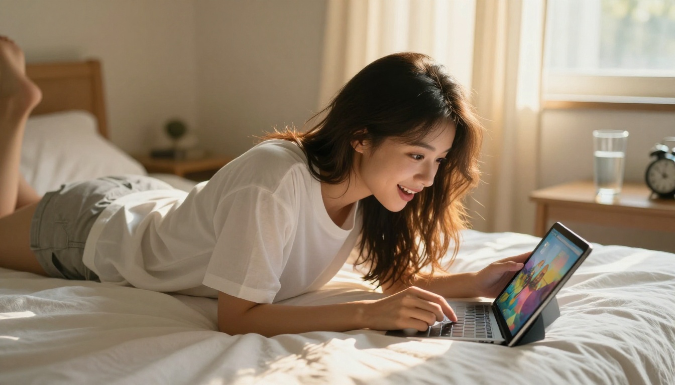 Young woman lying on bed looking at a tablet with a delighted expression