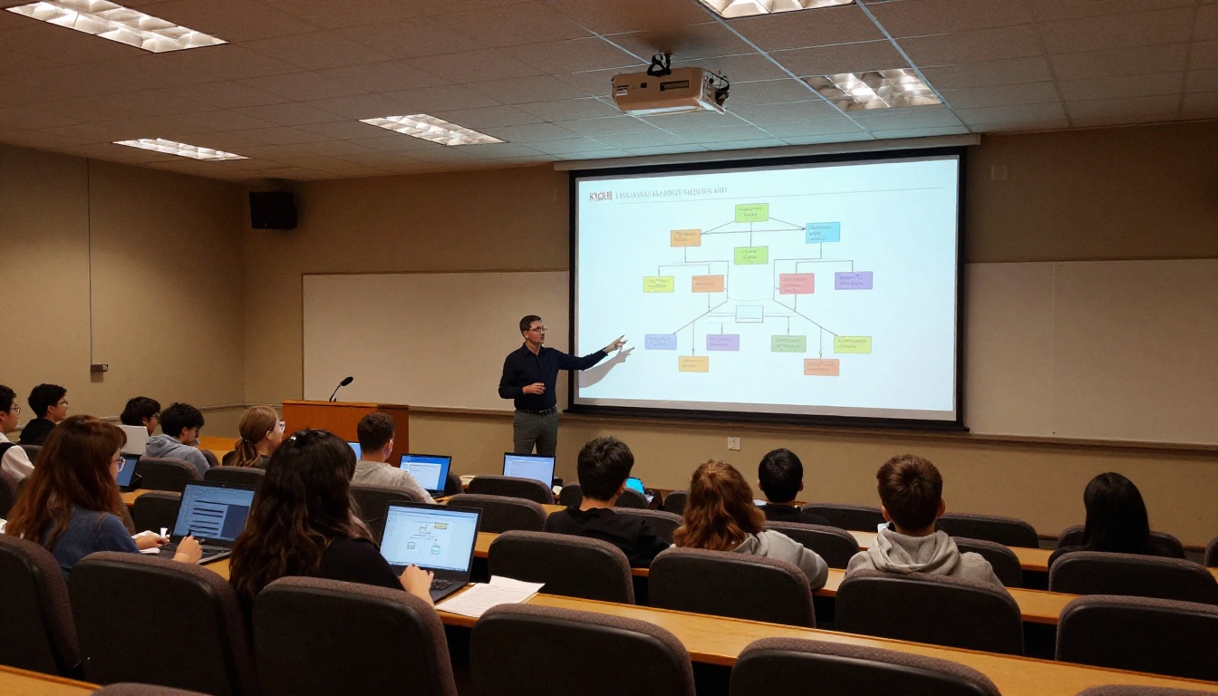 A wide-angle view of a university lecture hall with a professor pointing to a colorful decision tree diagram on a projector screen