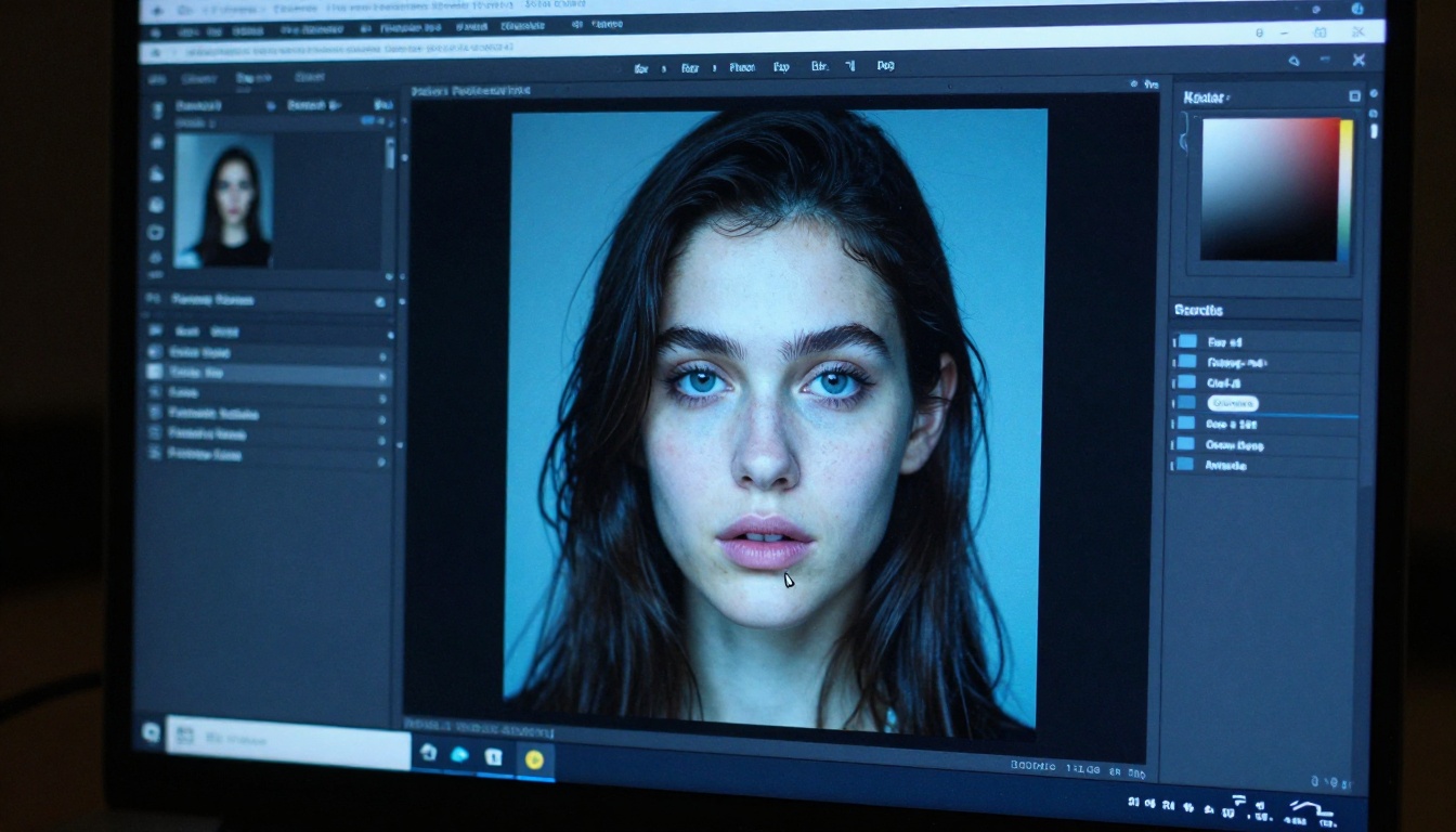 A close-up of a computer monitor displaying a photorealistic AI-generated portrait inside an image editing interface