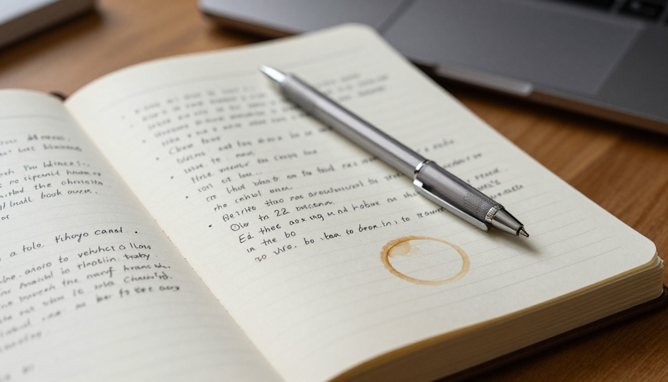 A notebook filled with handwritten video prompt ideas for AI generation