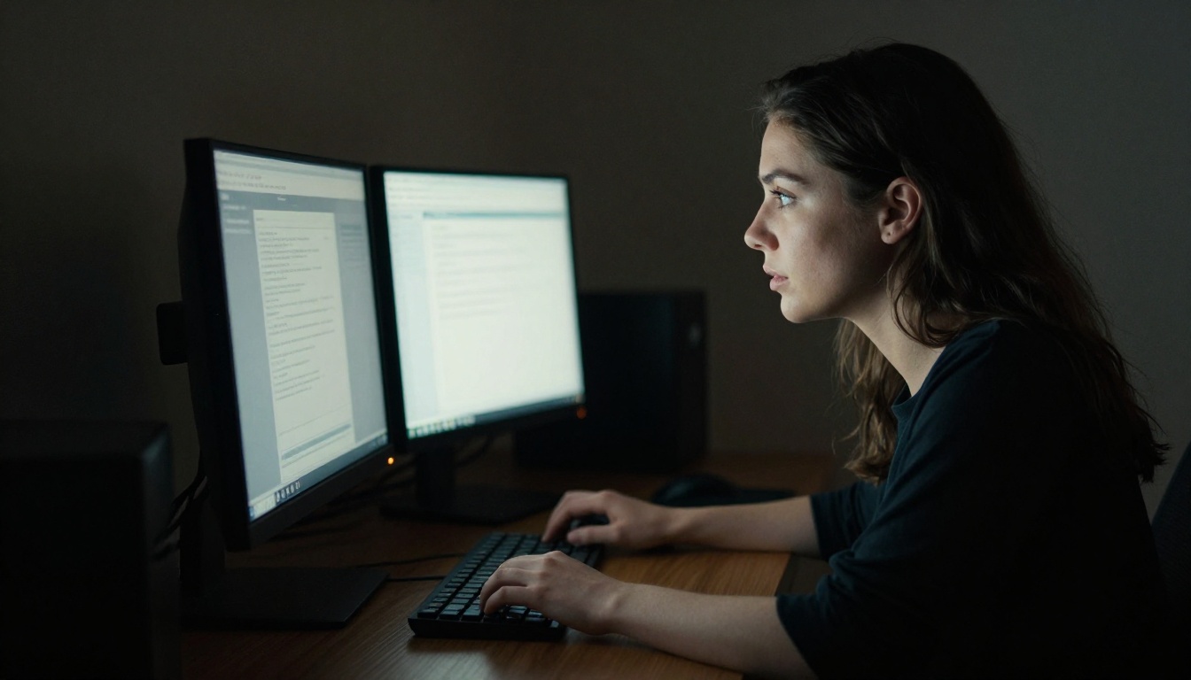 Woman comparing two AI video outputs side by side on dual monitors