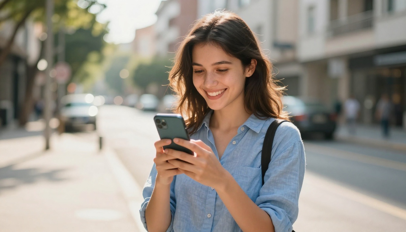 Young woman sharing her AI video clip on a smartphone outdoors