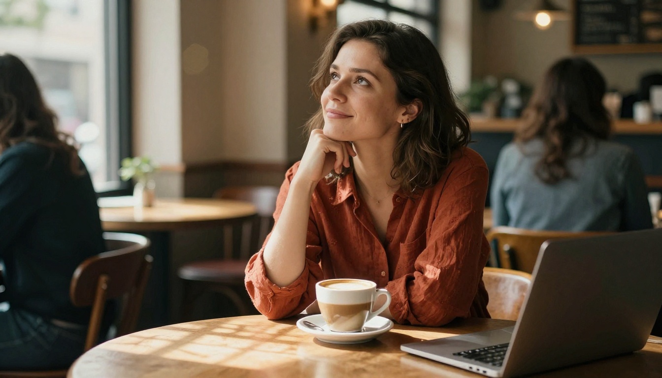 A woman brainstorming new video ideas at a cafe with a laptop and coffee